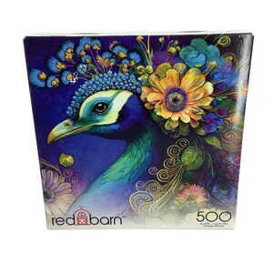 Red Barn Peacock Bird Head Jigsaw Puzzle 500 Piece 14" x 18" Flower Feather Blue
